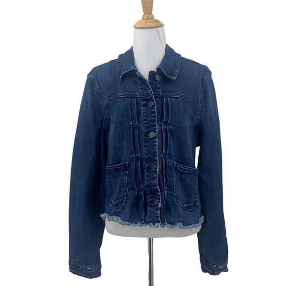 Shyanne Jacket Womens L Large Denim Button Front Pockets Collar Cropped Fray Hem - Picture 1 of 11